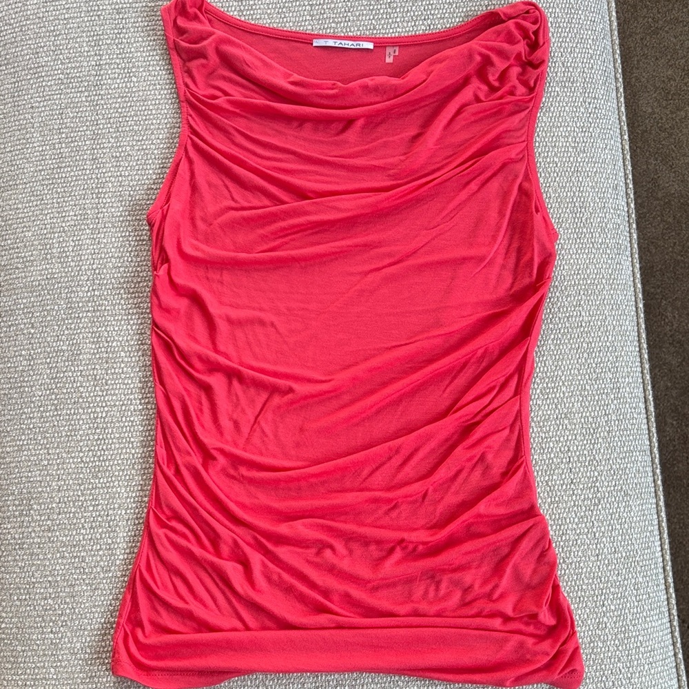 Tahari Coral Red Ruched Sleeveless Shell Top